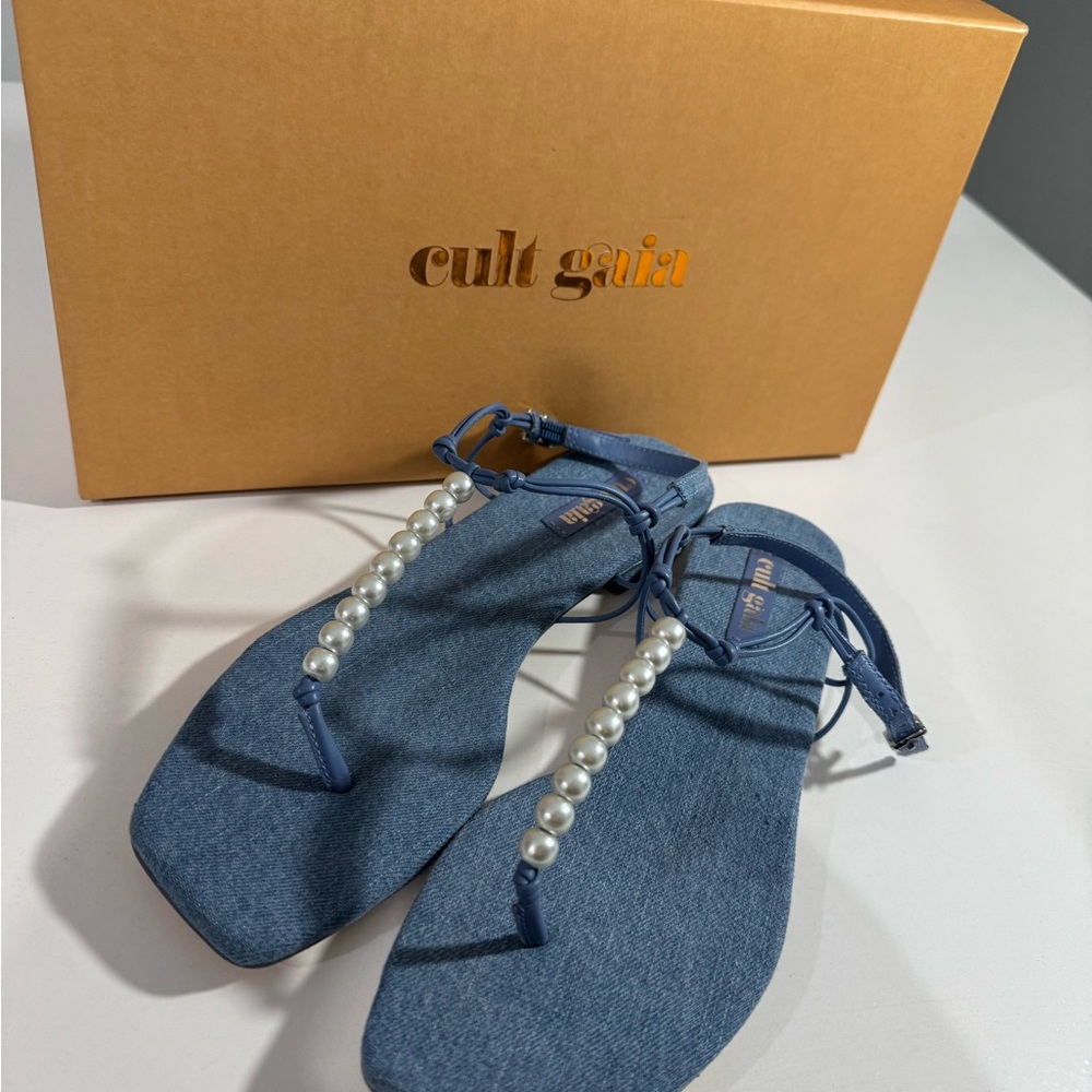 Cult Gaia ,Ari Faux Pearl-Embellished Denim Thong Sandals ,us size 8 ,eu size 38